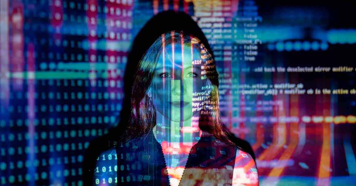 multi-colored data graphic imposed over a woman's face
