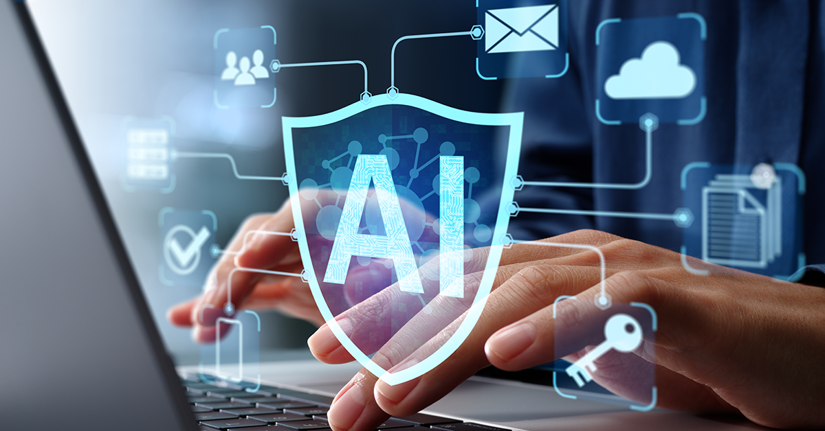 ai security abstract overlay of someone working on a laptop