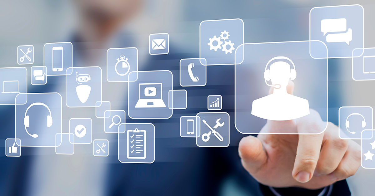 a hand selecting technology icons on a screen