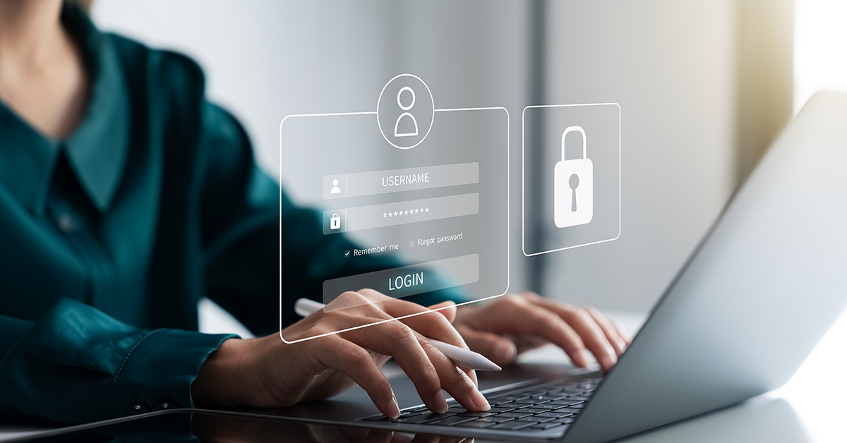 encryption overlay of a woman using a laptop