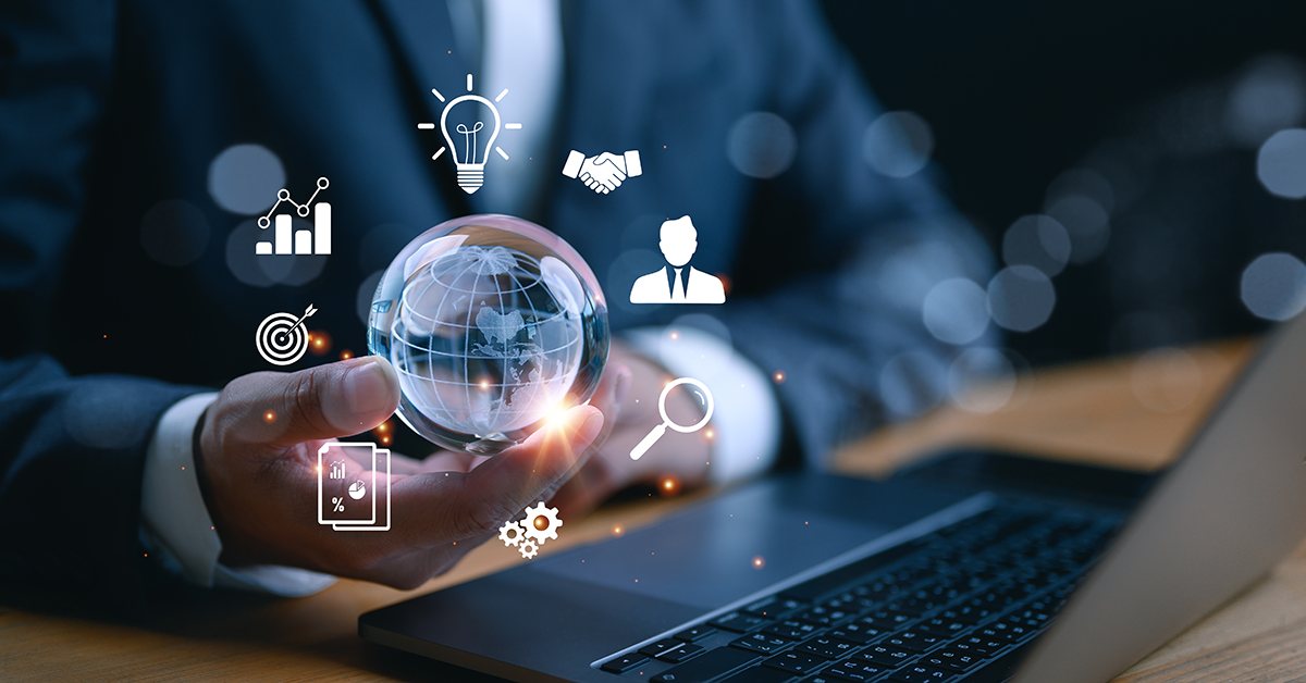 marketing channels overlaid on a globe