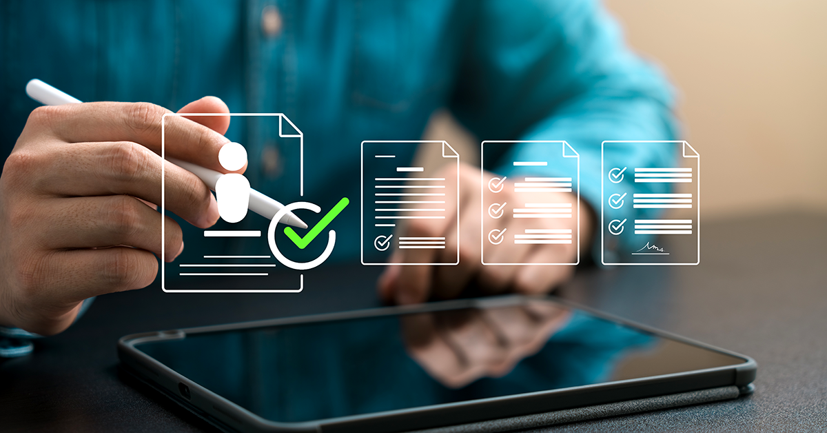 abstract overlay with a man working at a tablet