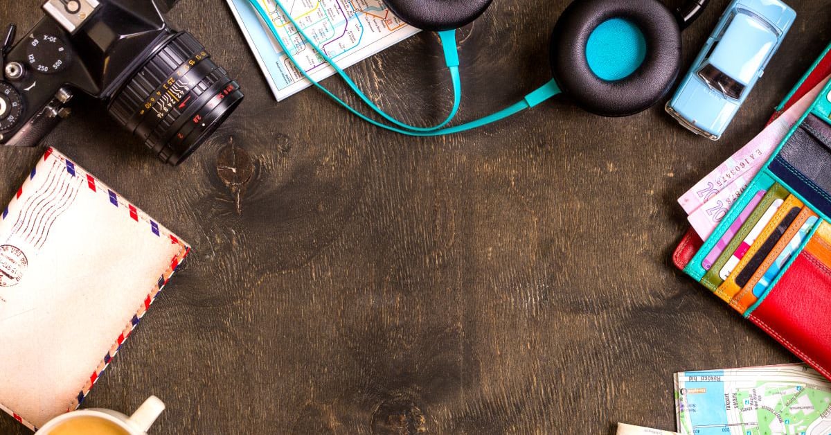 travel items on a desk