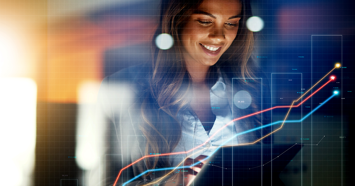 someone working on a tablet with a graphical overlay of data points